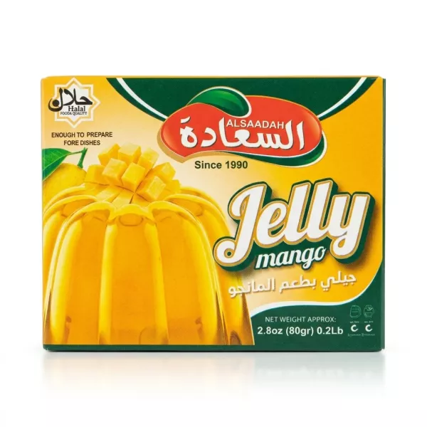 Enhanced Front of Alsaadah Mango Jelly 80g pack with halal label and mango jelly image