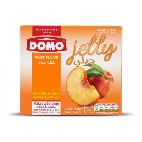 Enhanced Front of DOMO Peach Flavour Jelly Dessert 85g box held in store aisle