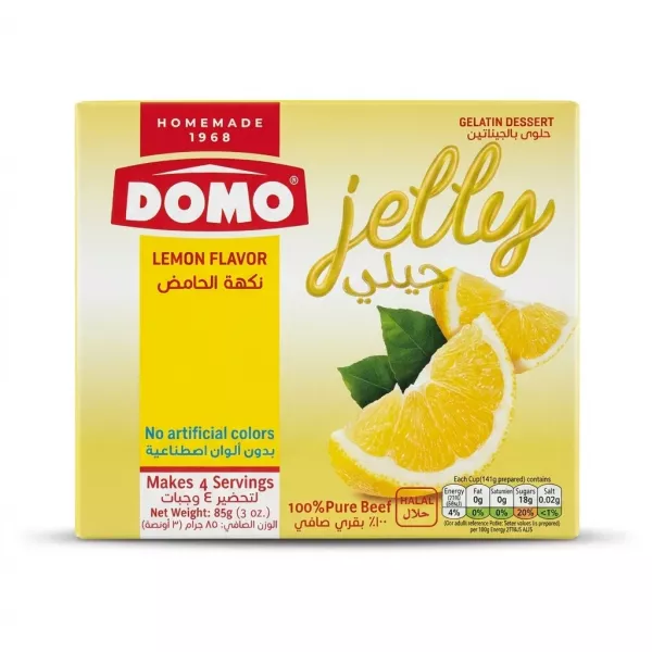 Enhanced Front of DOMO Lemon Flavour Jelly Dessert box showing pack details