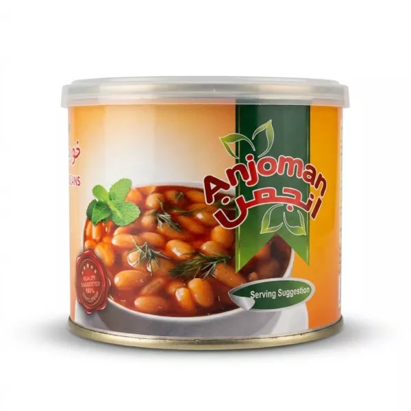 Enhanced Front of Anjoman Baked Beans tin showing beans in tomato sauce