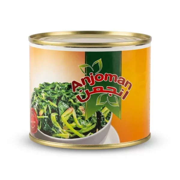 Enhanced Front view of Anjoman canned cooked spinach tin in hand