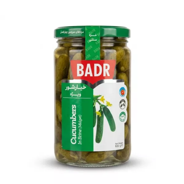 Enhanced Front view of Badr Cucumbers In Brine (Midget) jar on supermarket shelf