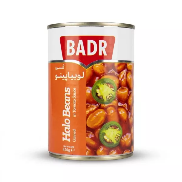 Enhanced Front of Badr Halo Beans in Tomato Sauce 420g can