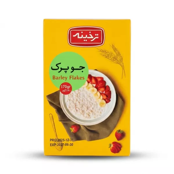 Enhanced Front of Tarhkhineh Barley Flakes 170g box with serving suggestion