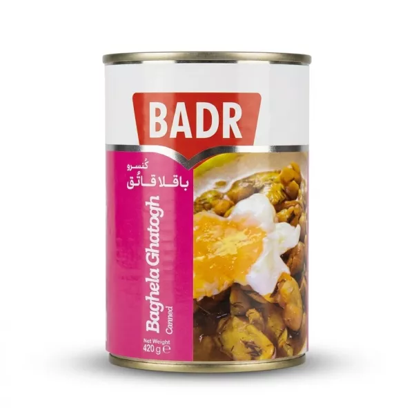 Enhanced Front of Badr Baghela Ghatogh canned 420g product showing label and beans with egg image