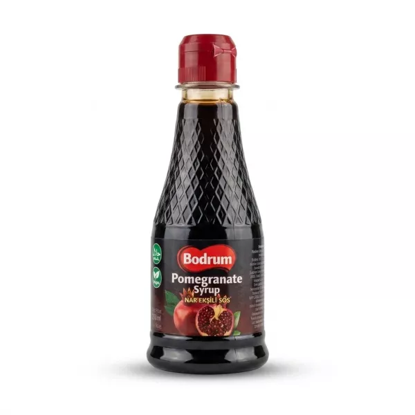 Enhanced Front view of Bodrum Pomegranate Syrup 250ml bottle held in hand
