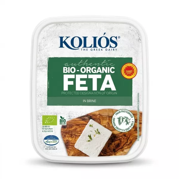 Enhanced Front view of Kolios Bio-Organic Feta cheese in brine packaging