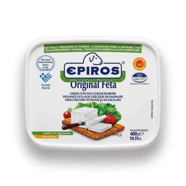 Enhanced Front of Epiros Original Feta Cheese 400g tub
