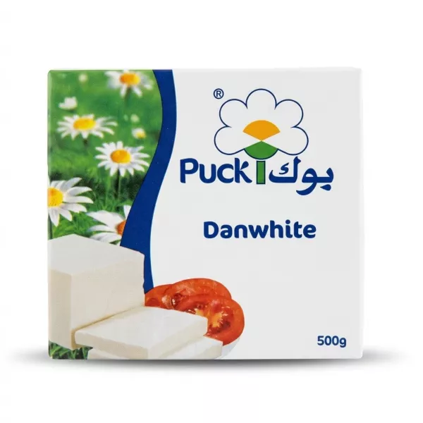 Enhanced Front of Puck Danwhite Cheese 500g box with floral design and cheese cubes