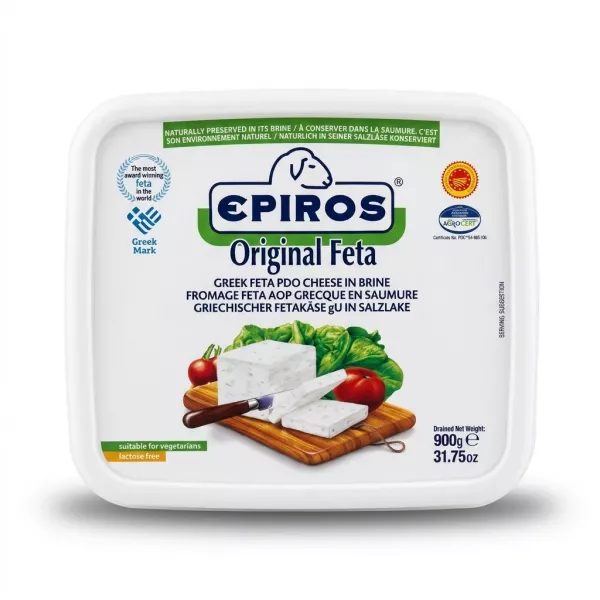 Enhanced Front of Epiros Original Feta Cheese pack with award logos and serving suggestion