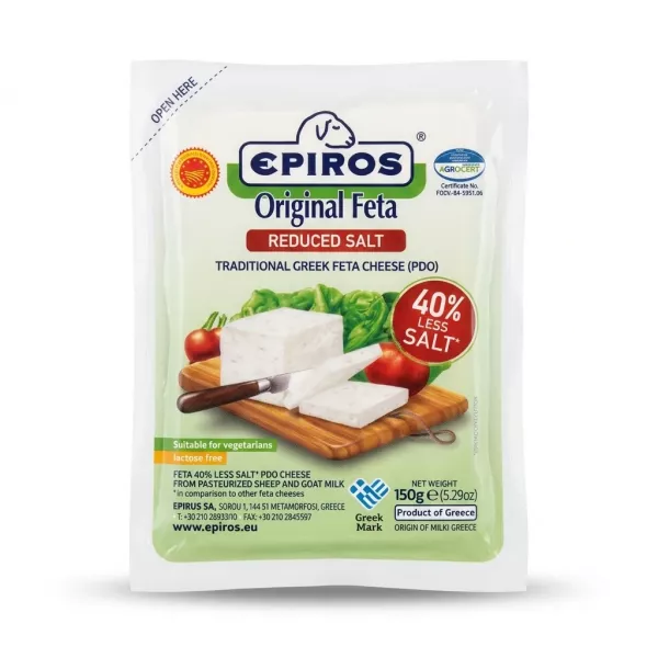 Enhanced Front of Epiros Original Feta Reduced Salt cheese pack 150g