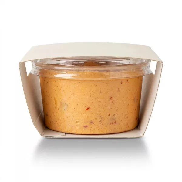 Enhanced Side view of opened Paltsidis Greek Feta & Red Pepper Dip 200g tub