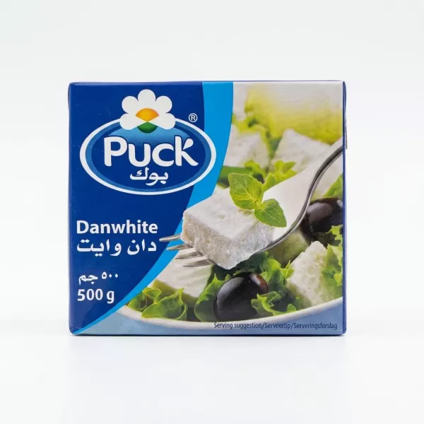 Enhanced Front of Puck Danwhite White Cheese 500g packaging held in hand