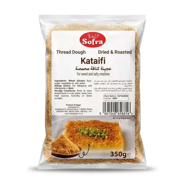 Enhanced Front of Sofra Kataifi Thread Dough 350g packaging with ingredients and price