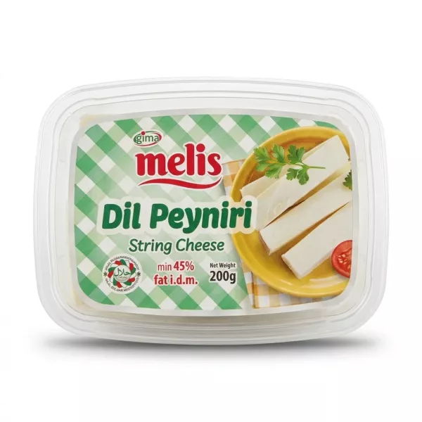 Enhanced Front of Melis Dil Peynir String Cheese 200g packaging showing product name and halal label