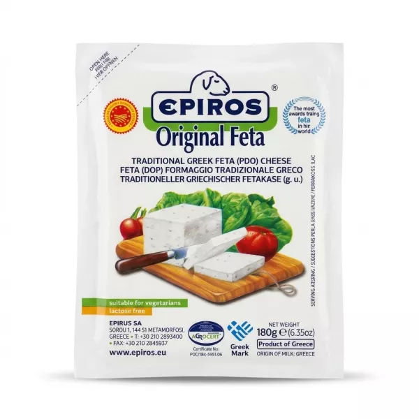 Enhanced Front packaging of Epiros Original Feta Cheese 180g