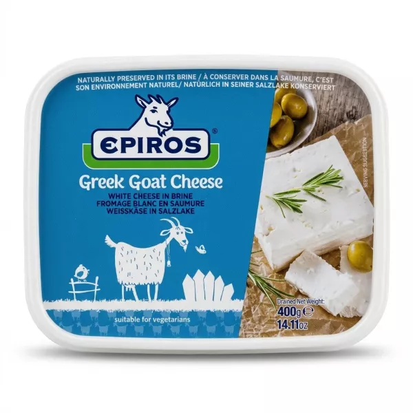 Enhanced Front view of Epiros Greek Goat Cheese 400g packaging