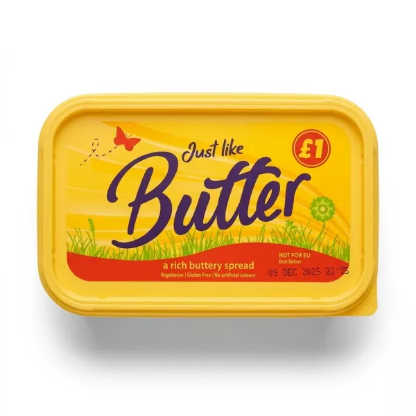 Enhanced Front view of Just Like Butter Rich Buttery Spread tub with price label