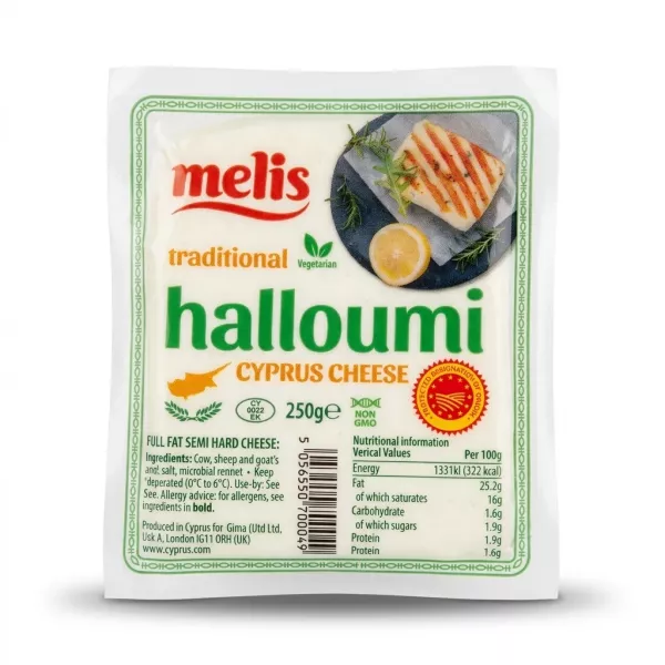 Enhanced Front view of Melis Traditional Halloumi Cyprus Cheese 250g pack