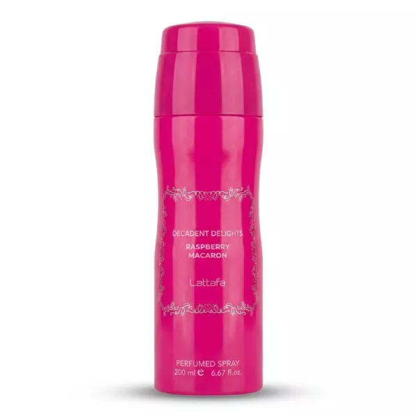 Enhanced Front of bright pink Lattafa Decadent Delights Raspberry Macaron Perfumed Spray can