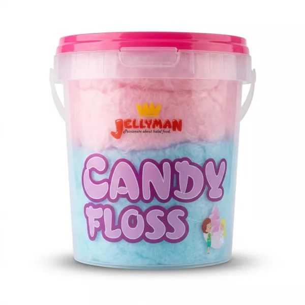 Enhanced Front of Jellyman Candy Floss Tub with pink and blue candy floss and bright lid