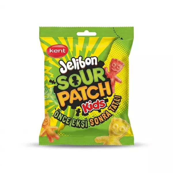 Enhanced Front of Kent Jelibon Sour Patch Kids 80g pack on grey countertop