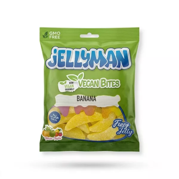 Enhanced Front of Jellyman Vegan Fizzy Banana Bites bag