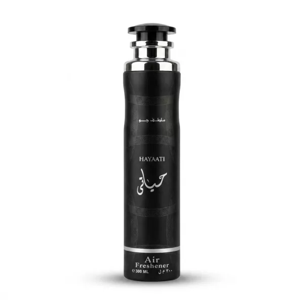 Enhanced Front view of Hayaati Air Freshener 300ml can black design