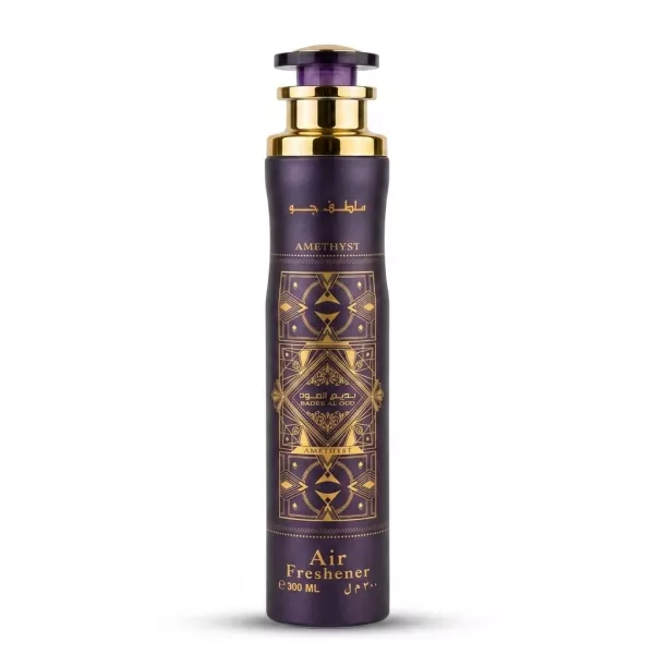Enhanced Front of Badee Al Oud Amethyst Air Freshener 300ml bottle with purple and gold design