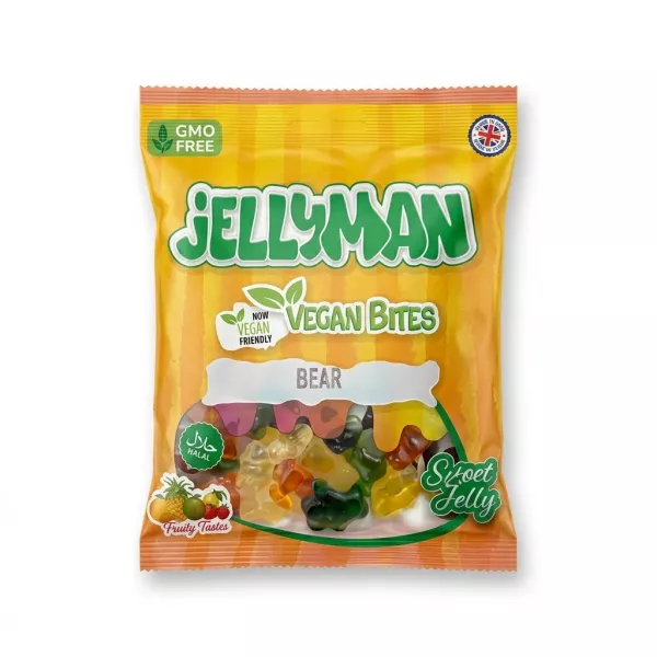 Enhanced Front view of Jellyman Vegan Bites Bear 120g bag with colourful gummies