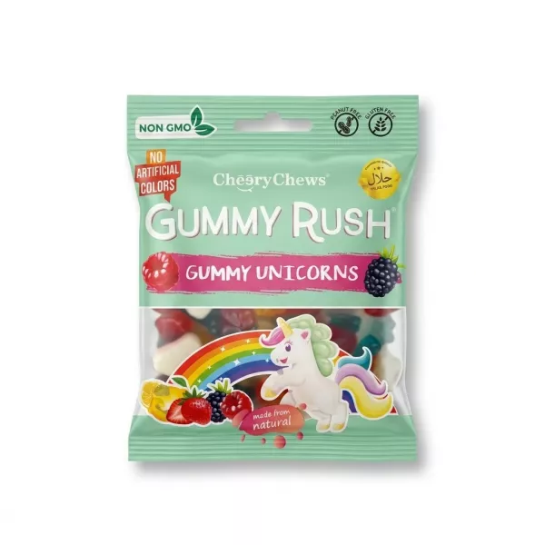 Enhanced Front of Gummy Rush Gummy Unicorns Chewy Chews pack with unicorn and fruits