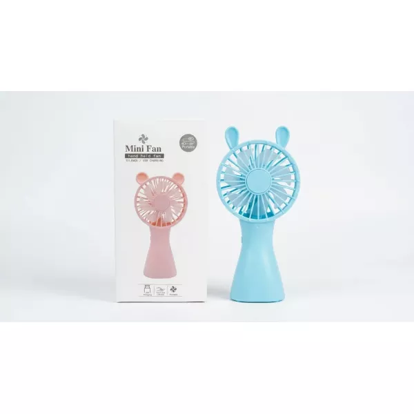 Enhanced Blue Mini Fan hand held fan displayed next to product packaging