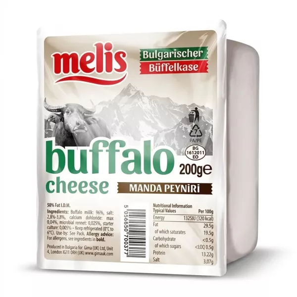 Enhanced Package of Melis Bulgarian Buffalo Cheese 200g with nutritional information and branding