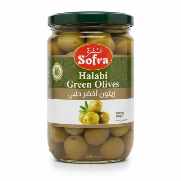 Jar of Sofra Halabi Green Olives with green lid