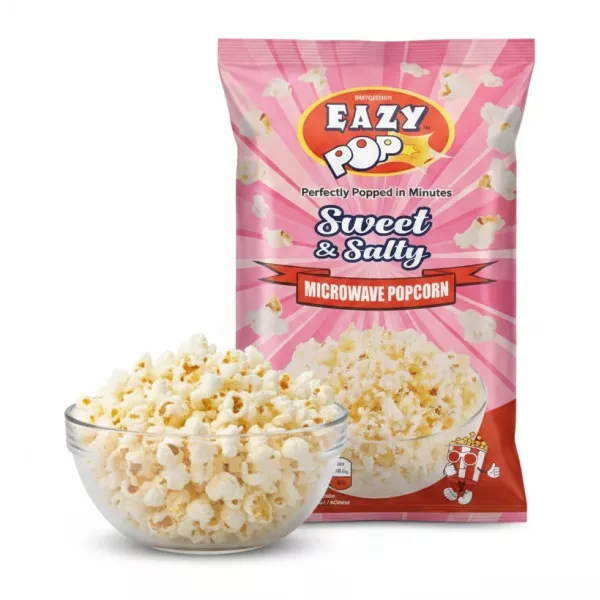 Eazy Pop Sweet & Salty Microwave Popcorn front view with bowl of popcorn
