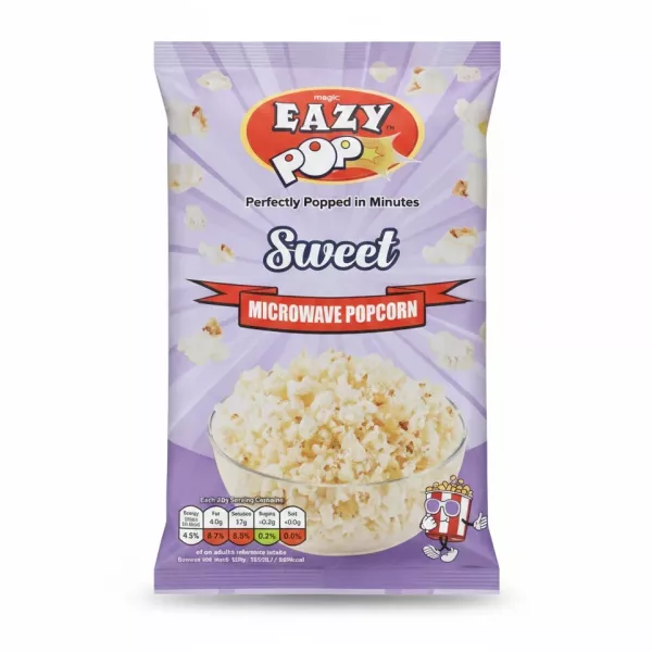 EazyPop Sweet Microwave Popcorn packet front showing bowl of popped popcorn