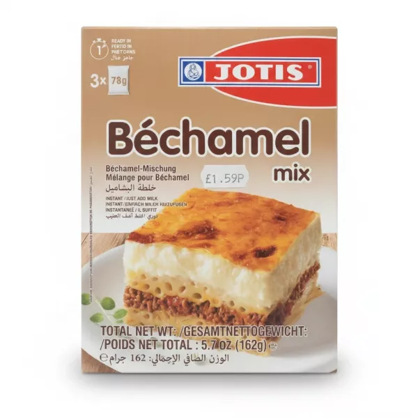 Jotis Béchamel Mix front packaging with food serving suggestion