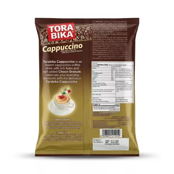 Enhanced Back of Torabika Cappuccino pack showing description and preparation instructions