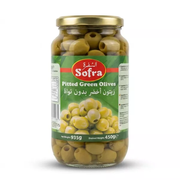 Enhanced Front label of Sofra Pitted Green Olives 935g jar showing product branding and olives.