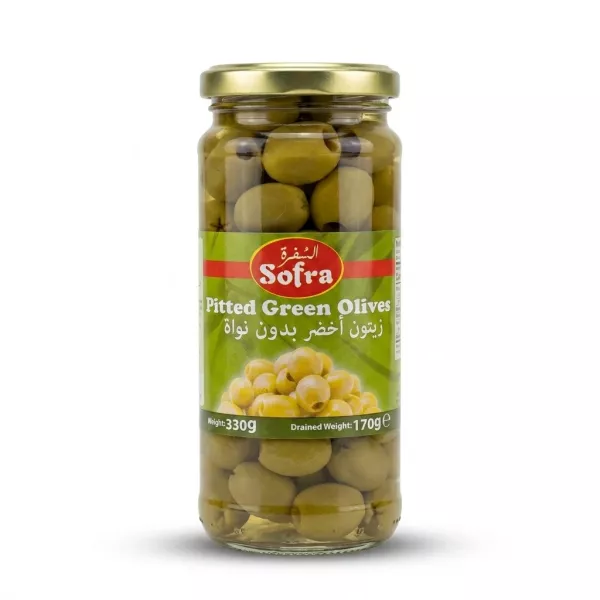 Enhanced Front of Sofra Pitted Green Olives jar 330g