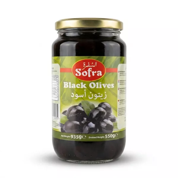 Enhanced Front view of Sofra Black Olives 935g jar with label