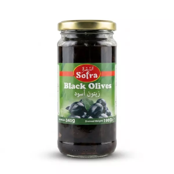 Enhanced Front label of Sofra Black Olives 340g jar held in hand