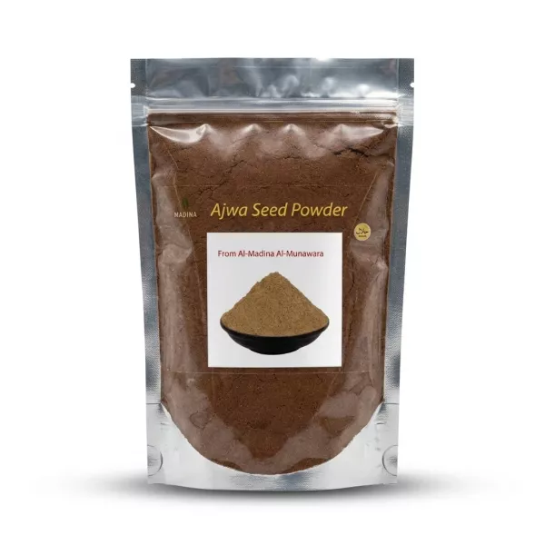 Enhanced Madina Ajwa Seed Powder from Al-Madina Al-Munawara in resealable pouch