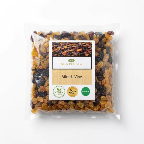 Enhanced Madina Mixed Vine dried fruit pack with vegan and halal certifications
