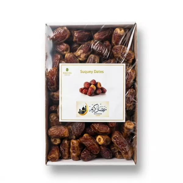 Enhanced Box of Madina Suquey Dates packed in transparent wrapping