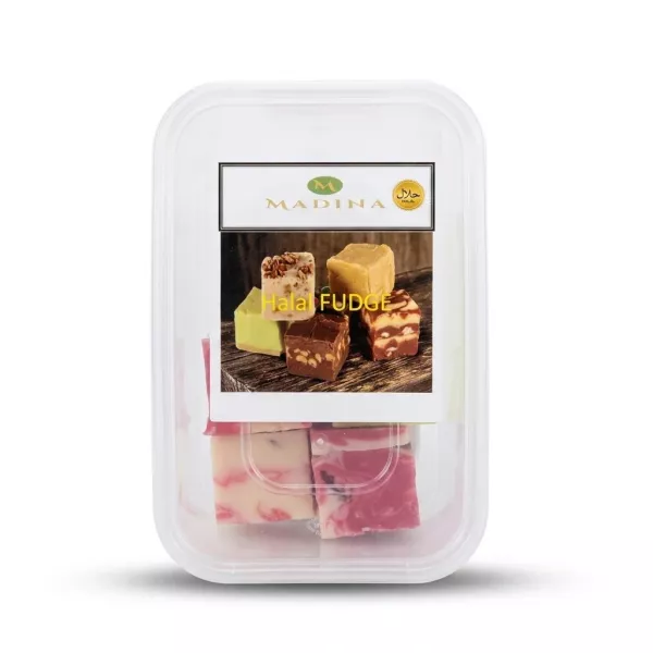 Enhanced Tray of Madina assorted halal fudge pieces in plastic container