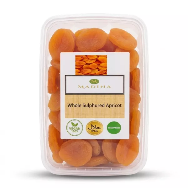 Enhanced A clear plastic tub of Madina Whole Sulphured Apricot with vegan, halal, and vegetarian labels on the packaging