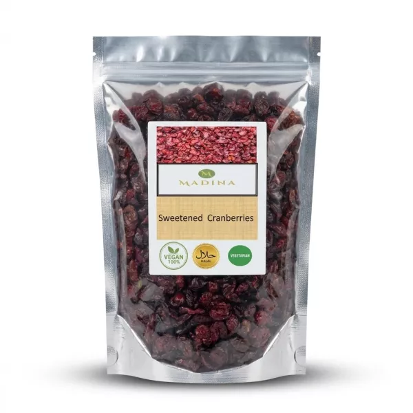 Enhanced Pack of Madina Sweetened Cranberries labeled vegan halal vegetarian