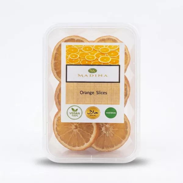 Enhanced Pack of Madina Orange Slices with vegan, halal and vegetarian labels