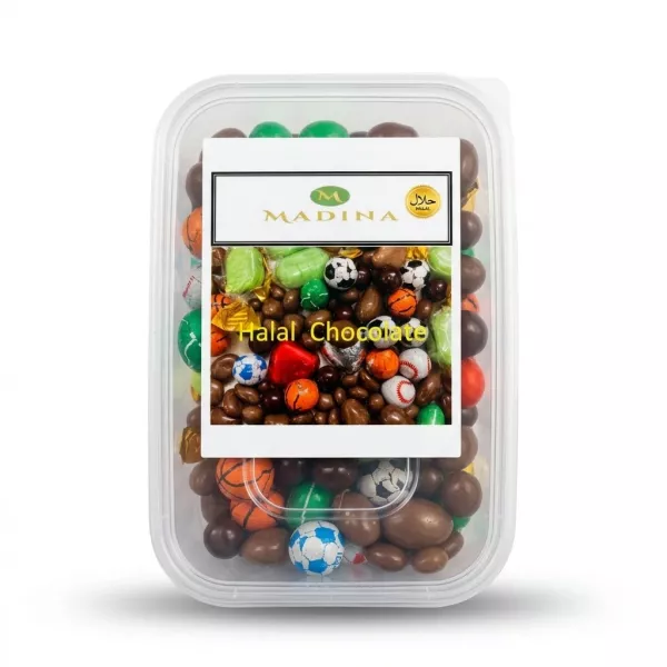 Enhanced Plastic tub of Madina Halal Chocolate Assortment with colourful wrappers